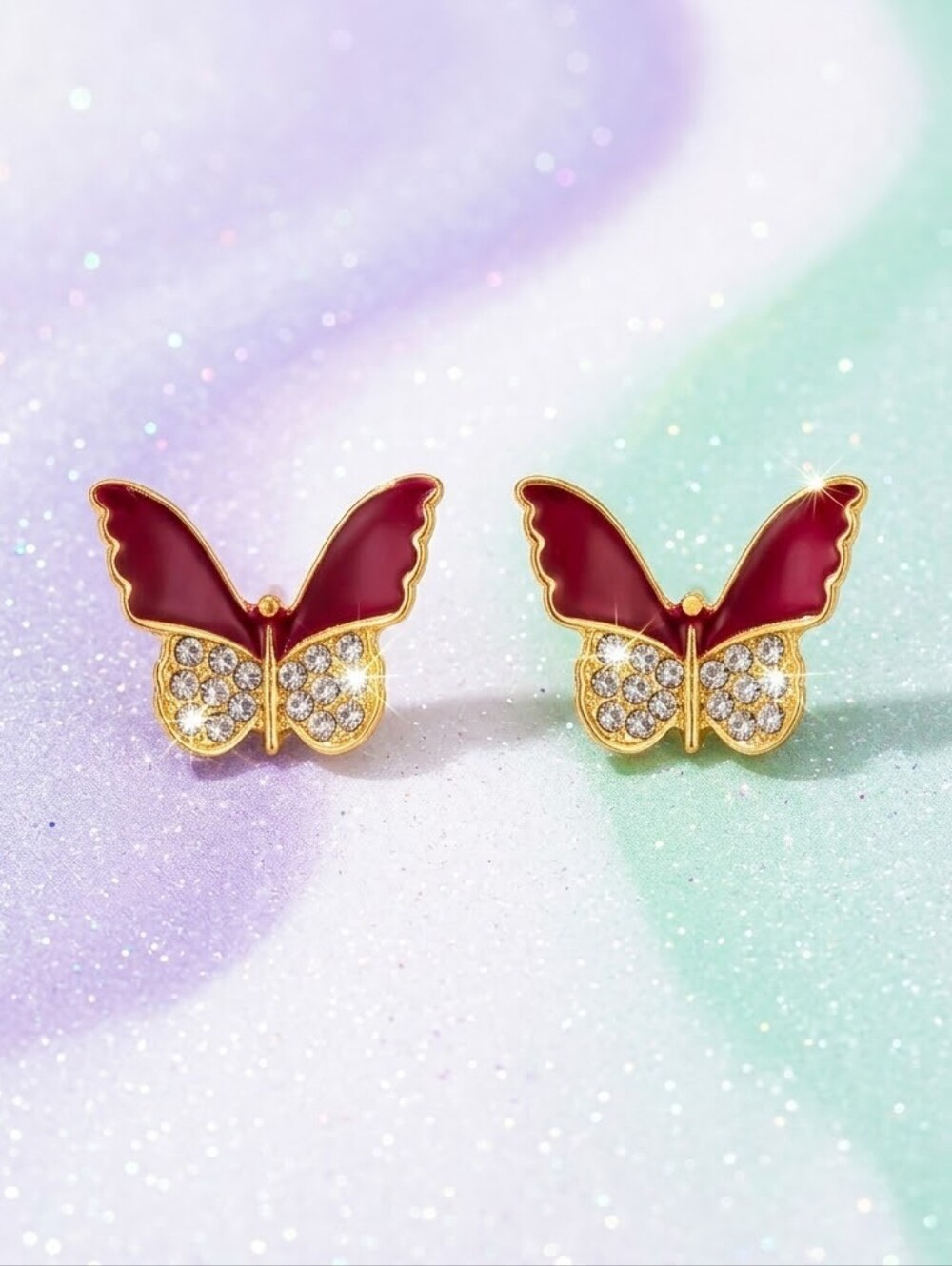 Gold plated Crystal reddish brown butterfly earrings With silver post